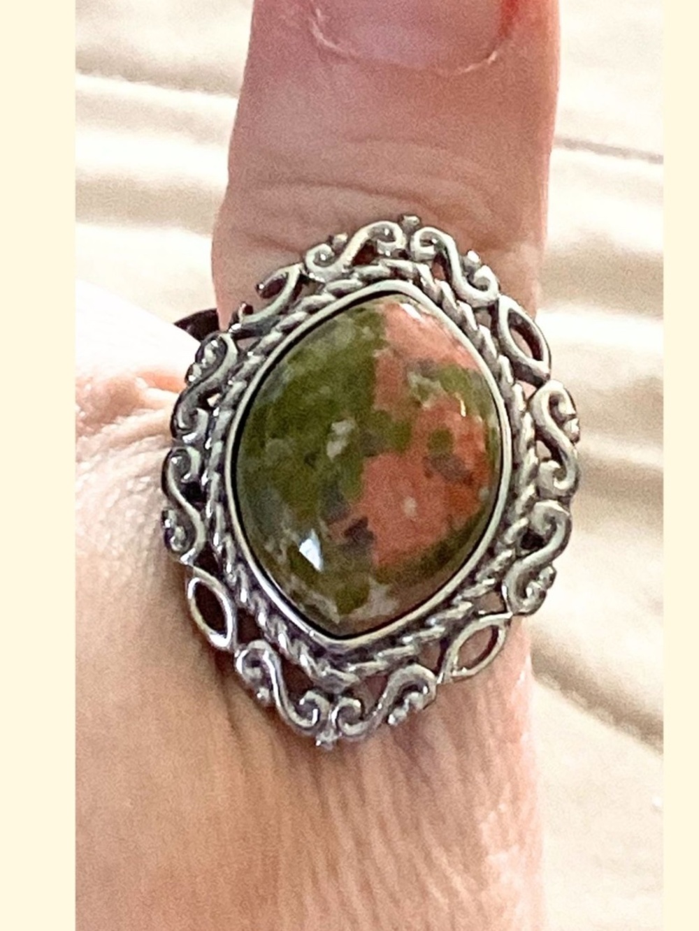 Unakite Gemstone 925 Sterling Silver Filigree Statement Ring Size 8.5 NWOT